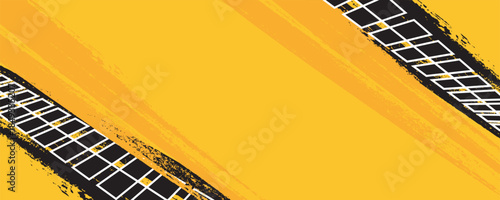 Grunge car tire marks on yellow background with splashes, template for business card with copy space. Vector illustration.
