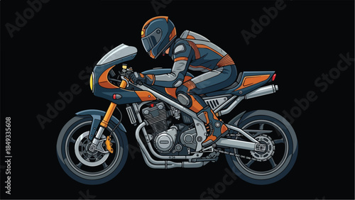 Motorcycle racer in full gear on a sport bike ready for action on a black background.