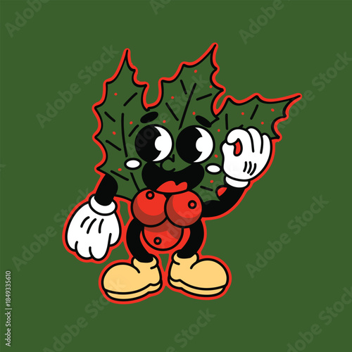 Vintage Christmas Holly Leaf Cartoon Character Illustration