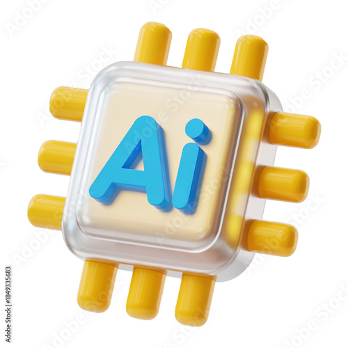 3D AI Chip Design with Bright Yellow Pins and Blue AI Text for Digital Artwork