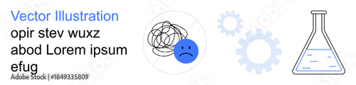 Mental health, challenges, innovation, experimentation, science, process analysis. Blue face with scribbles, gears science flask. Mental health and innovation by chaos design and experimentation