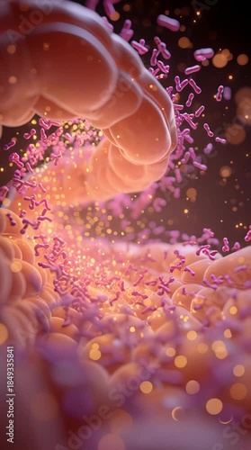 Close-up microscopic view of intestinal bacteria inside human gut.