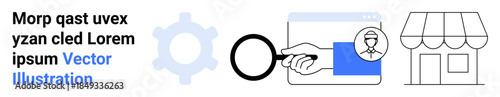 Business strategy, process optimization, online search, e-commerce growth, data analysis, online tools. Gear symbol, magnifying glass store storefront. Business strategy and process optimization