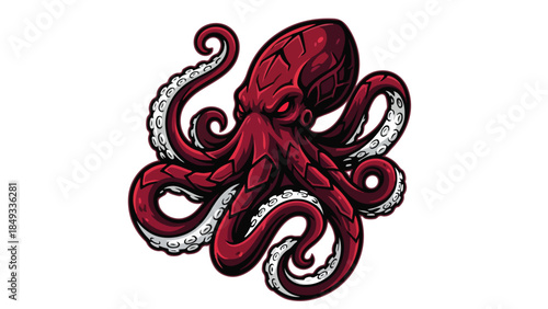 Red Octopus Illustration with Detailed Tentacles and Suction Cups.