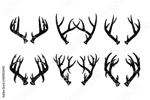 Deer antlers distressed retro silhouette icon set for hunting. Stag antlers vintage solid element design pack for outdoor. Elk antler and antler rack rustic symbol bundle for wilderness and adventure