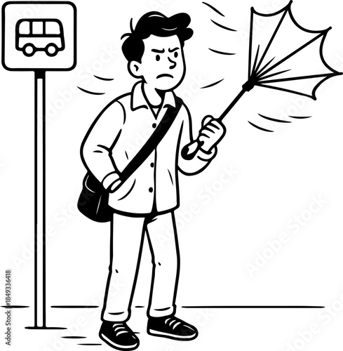Man Waiting At Bus Stop In Windy Weather Illustration