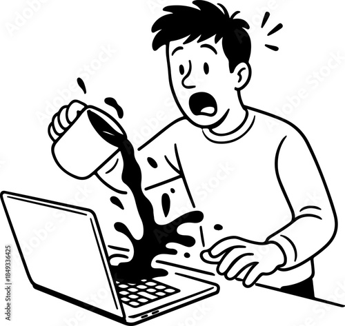 Man Spilling Coffee While Working On Laptop Illustration