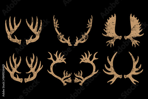 Deer antlers and horns frame retro silhouette icon set for hunting. Stag horns, buck horns aged vintage solid element design pack for outdoor. Elk antlers rustic symbol bundle for adventure wildlife