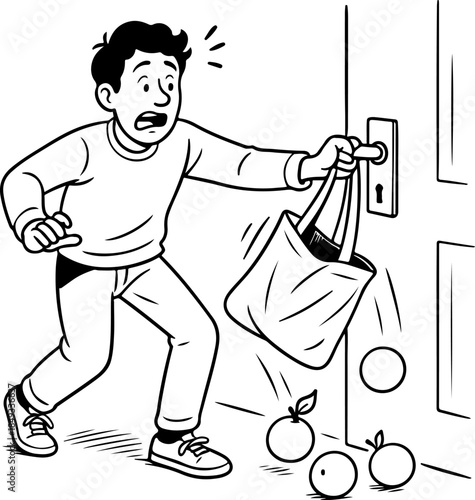 Man Carrying Heavy Groceries Entering Home Illustration