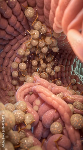 Close-up visualization of intestinal tract filled with clusters of bacteria.