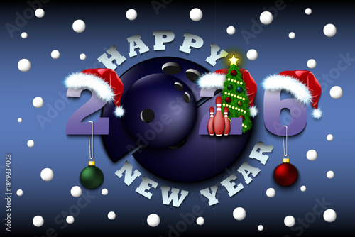 Happy new year. 2026 with bowling ball. Numbers in Christmas hats and Christmas tree ball. Original template design for greeting card. Vector illustration on isolated background