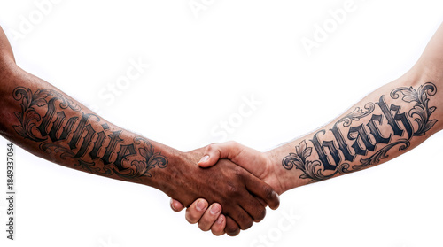Black and White handshake representing unity in diversity, tattoo art and symbolic gesture for equality, cooperation, brotherhood