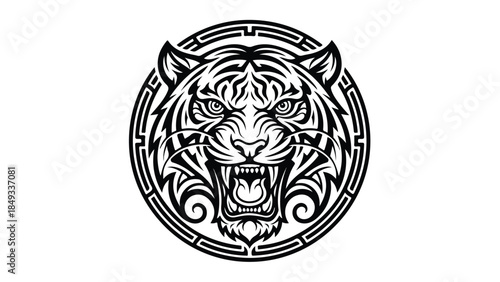 Roaring Tiger Head in Ornate Circular Frame.