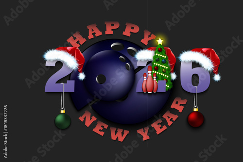 Happy new year. 2026 with bowling ball. Numbers in Christmas hats and Christmas tree ball. Original template design for greeting card. Vector illustration on isolated background