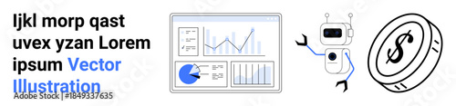 Dashboard with charts and graphs, robot holding a coin, and placeholder text. Ideal for fintech, AI, data analysis, financial planning, technology promotion, business strategy simple landing page