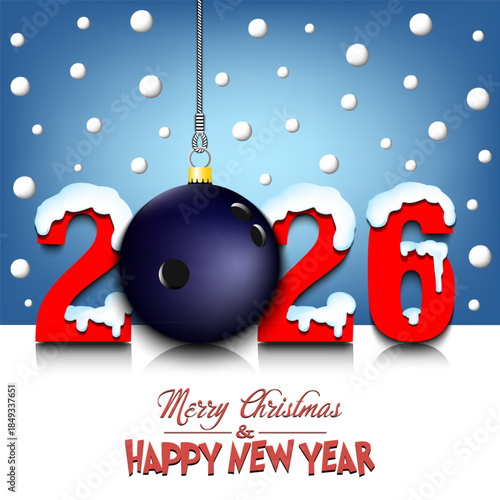 Merry Christmas and Happy New Year. Number 2026 and bowling ball as a Christmas decorations hanging on strings amid falling snow on a mirror surface. Pattern for greeting card. Vector illustration