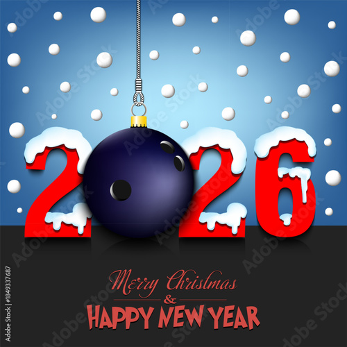 Merry Christmas and Happy New Year. Number 2026 and bowling ball as a Christmas decorations hanging on strings amid falling snow on a mirror surface. Pattern for greeting card. Vector illustration