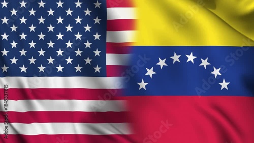 Horizontally aligned combined Venezuela and USA flags are waving in wind. Realistic motion loop animation, symbolizing Western Hemisphere geopolitics, diplomatic friction, and bilateral relations.