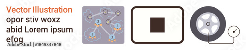 Data flow, connectivity, design tools, repair systems, technology interfaces, abstract shapes. Schematic network links, rectangle with center square wheel and gauge. Data flow and connectivity