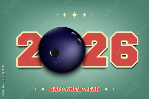 New Year numbers 2026 and bowling ball on an isolated background. Creative design pattern for greeting card, banner, poster, flyer, party invitation, calendar. Vector illustration