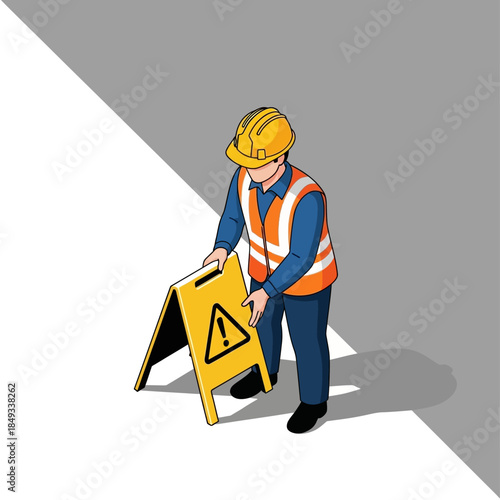 Construction worker placing warning sign on the ground.