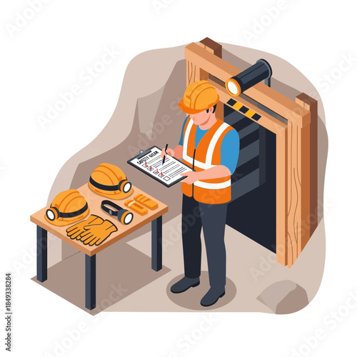 Construction worker inspecting site with safety gear and documents.