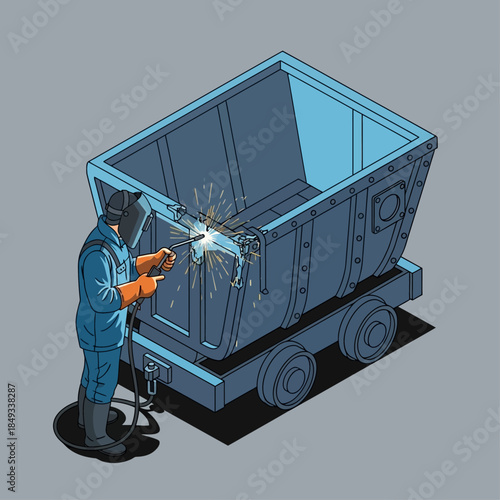 Industrial worker welding a large metal container.