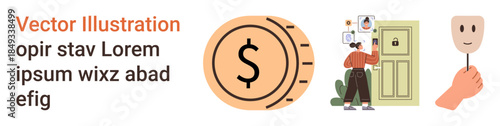 Digital security, identity protection, online transactions, financial services, safe payments, privacy. Dollar sign and icons of a mask and locked door. Digital security and identity protection