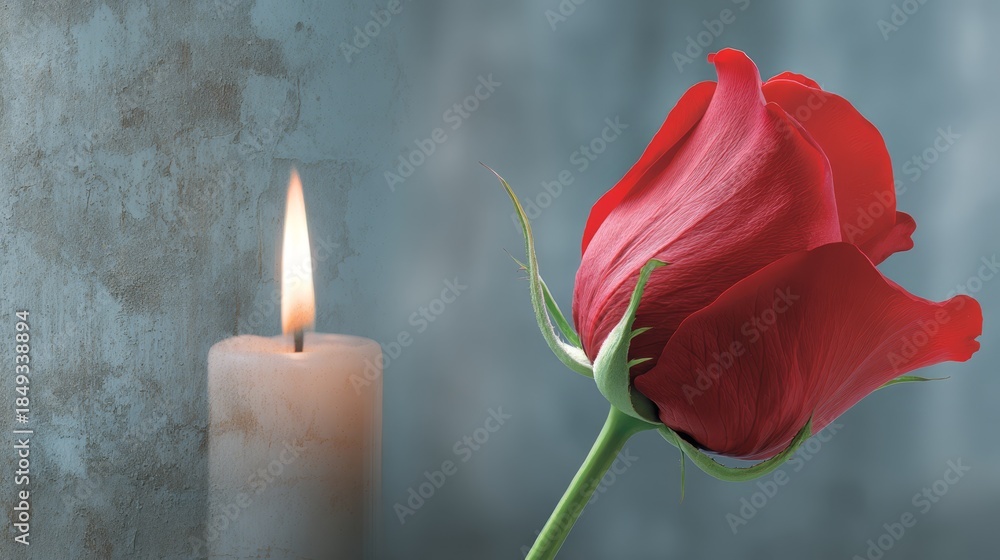 Obraz premium A burning white candle stands beside a vibrant red rose bud against a dark, textured background with soft lighting, ideal for memorial concepts.
