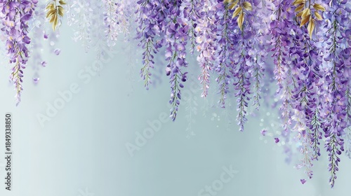 Vibrant purple wisteria flowers hanging delicately against a soft blue background, providing elegant copy space for design.
