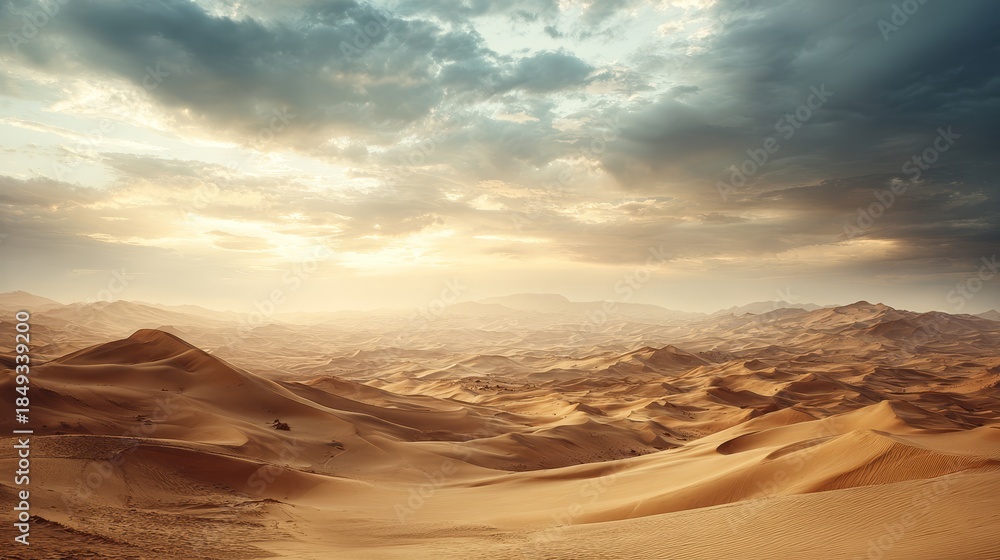 Fototapeta premium Dramatic desert landscape with golden sand dunes glowing under a cloudy sky during sunrise or sunset.