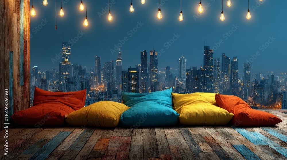 Fototapeta premium Colorful bean bags line a rustic wooden floor on a rooftop terrace, overlooking a vibrant city skyline at night, illuminated by warm string lights.