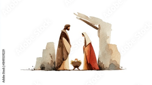 A watercolor illustration depicts the nativity scene Mary, Joseph, and the baby Jesus in a manger under a simple shelter