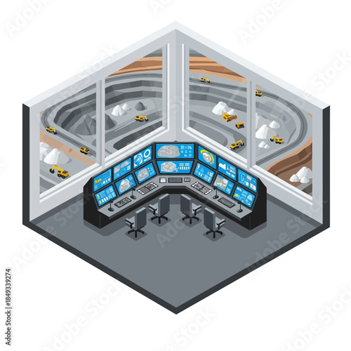 A control room with multiple screens overlooking an active open-pit mine with yellow dump trucks operating on its terraces.