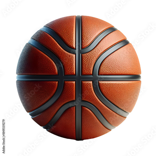 High-quality 3D rendered basketball featuring a realistic orange leather texture with clearly defined black channel lines. Isolated on a white background, this detailed illustration is ideal for sport