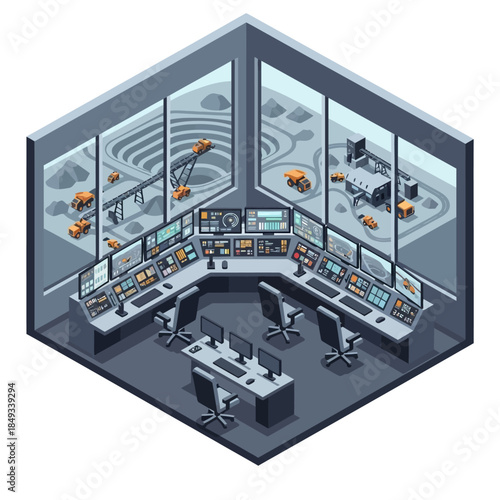 Isometric view of a modern mining control room with multiple screens overlooking an open-pit mine and industrial processing site.