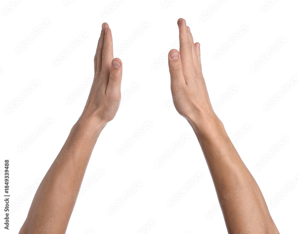 Obraz premium Man holding something on white background, closeup