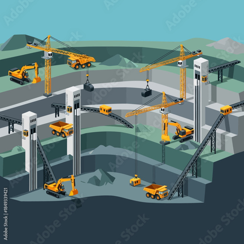 Isometric illustration of a large-scale open-pit mining operation with heavy machinery, cranes, excavators, dump trucks, and conveyor belts transporting materials.