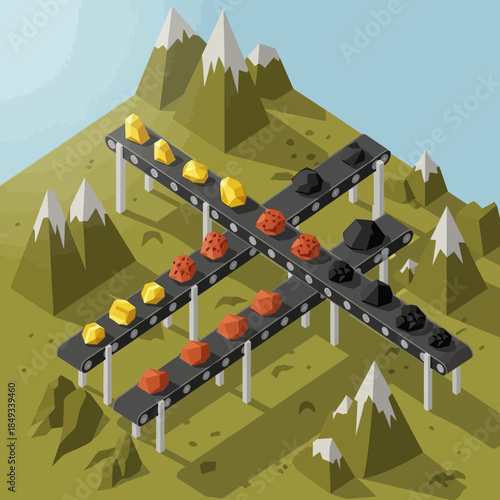 Isometric illustration of conveyor belts transporting various minerals like gold, ore, and coal through a mountainous landscape.