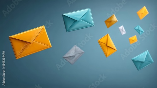 Multiple stylized 3D rendered mail envelopes dynamically floating against a solid blue-green background, symbolizing communication and digital messaging.
