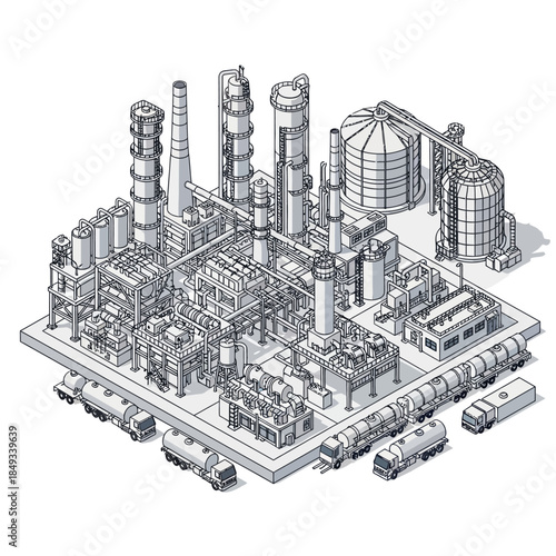 Isometric detailed line drawing of a large industrial oil refinery or chemical plant with tanker trucks and trains.