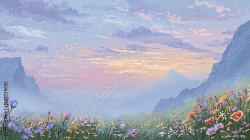 Vibrant wildflowers carpet a serene mountain valley, bathed in the soft, colorful light of a cloudy sunrise or sunset sky, rendered in a beautiful painterly illustration style.