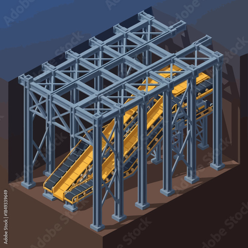 Isometric view of a large industrial conveyor belt system within a metal framework structure in an excavation site.
