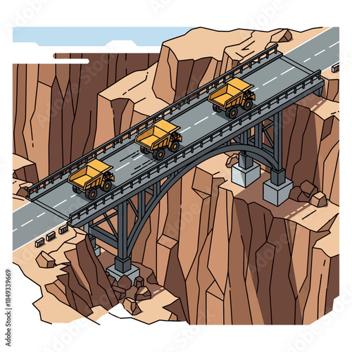 Three yellow dump trucks crossing a large bridge over a deep rocky canyon, illustrating heavy transport and infrastructure.