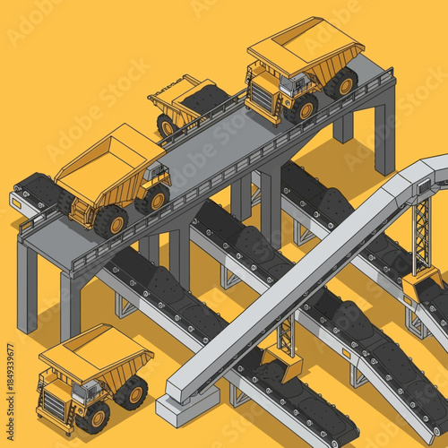 Isometric illustration of a mining site with dump trucks and conveyor belts transporting coal.