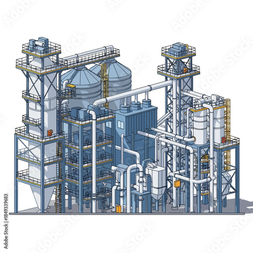 Isometric illustration of a large industrial processing plant with silos and complex piping.