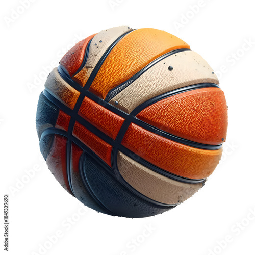 High-quality 3D rendered basketball featuring a realistic orange leather texture with clearly defined black channel lines. Isolated on a white background, this detailed illustration is ideal for sport