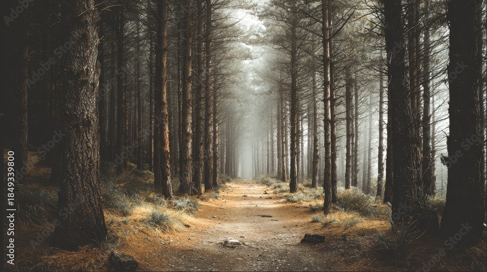 Obraz premium A winding dirt path extends into the distance through a dense, atmospheric pine forest on a foggy or misty day, creating a tranquil and mysterious scene.