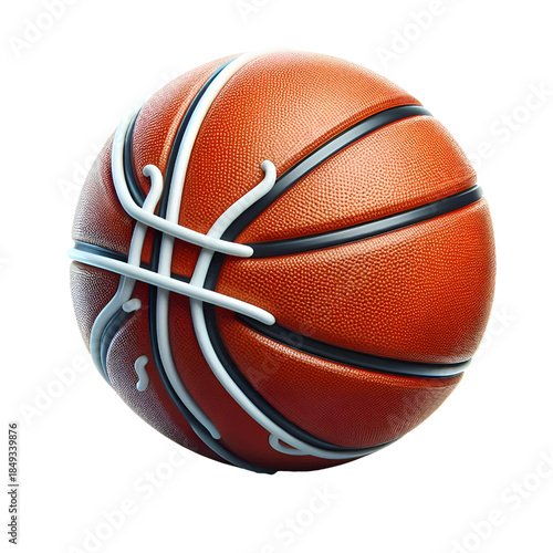 High-quality 3D rendered basketball featuring a realistic orange leather texture with clearly defined black channel lines. Isolated on a white background, this detailed illustration is ideal for sport