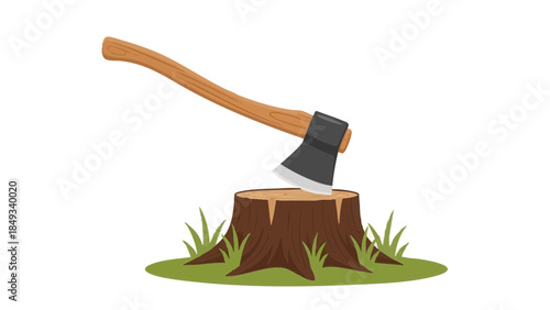 Axe resting on wooden stump surrounded by grass and nature, concept of Abraham Lincoln's Birthday  